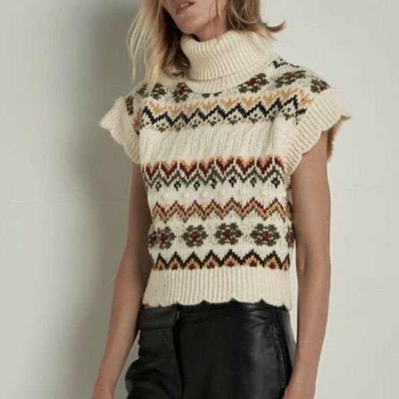 ZARA Turtleneck Sleeveless Winter Sweater Vest with Scalloped Detail - Size M - Picture 1 of 10